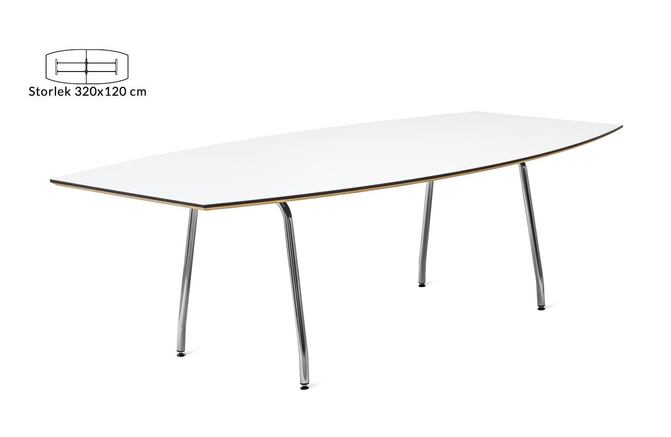 Konferensbord Line, 320 x 120 Vit bordsskiva med svart ABS kantlist, Silver stativ