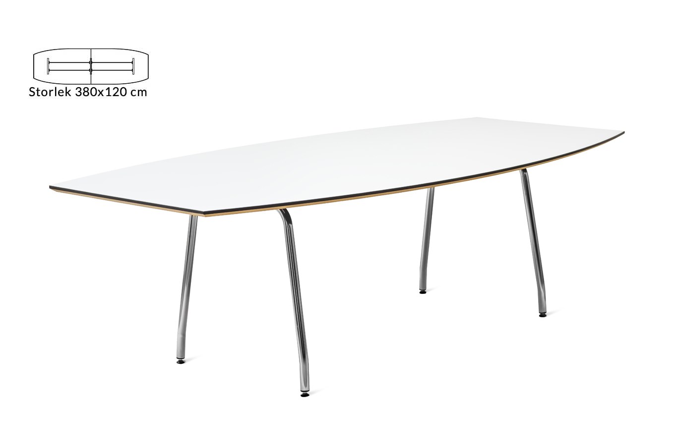 Konferensbord Line, 380 x 120 cm, Vit bordsskiva med svart ABS kantlist, Vitt stativ