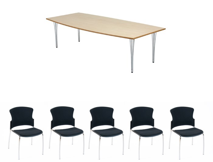 Konferensbord Meeting/Eiffel 260×120 + 8 Troy stolar björk bordsskiva svart stativ