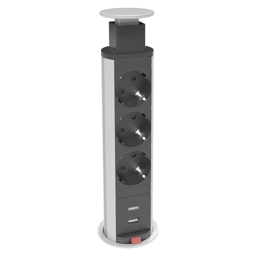 Uttagslist PopUp – 3 eluttag 2 USB uttag Ø60mm svart/silver