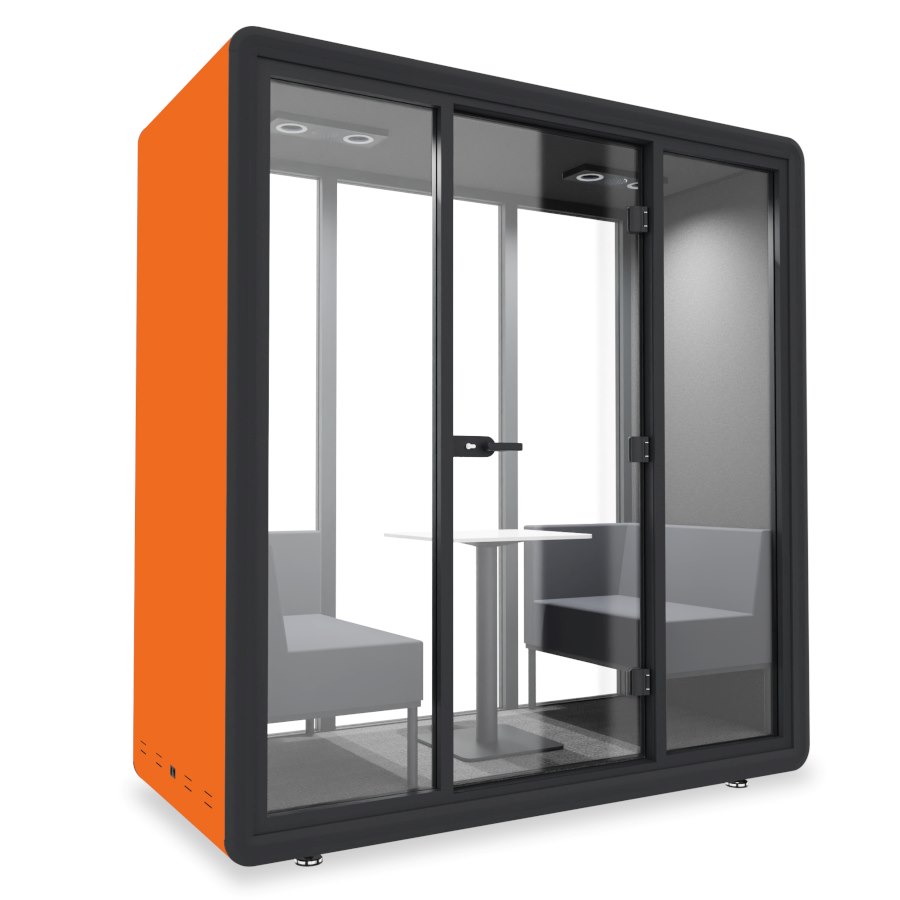 Silento Pod DUO, tyst mötesrum inkl. möbler, Orange exteriör med Blå textil