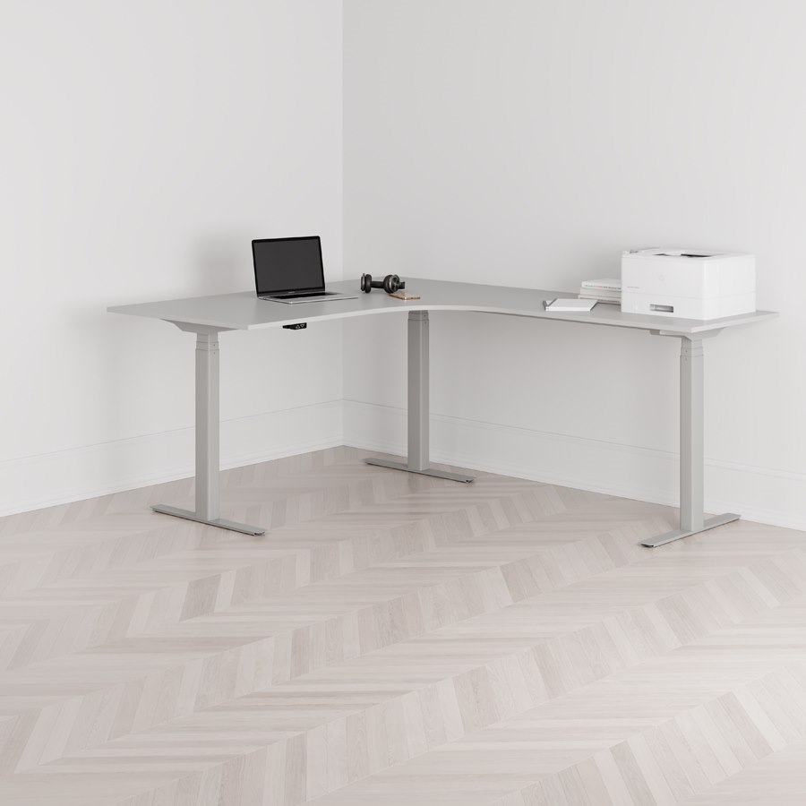 Höj och sänkbart hörnskrivbord högersvängt grått stativ grå bordsskiva 160x200cm