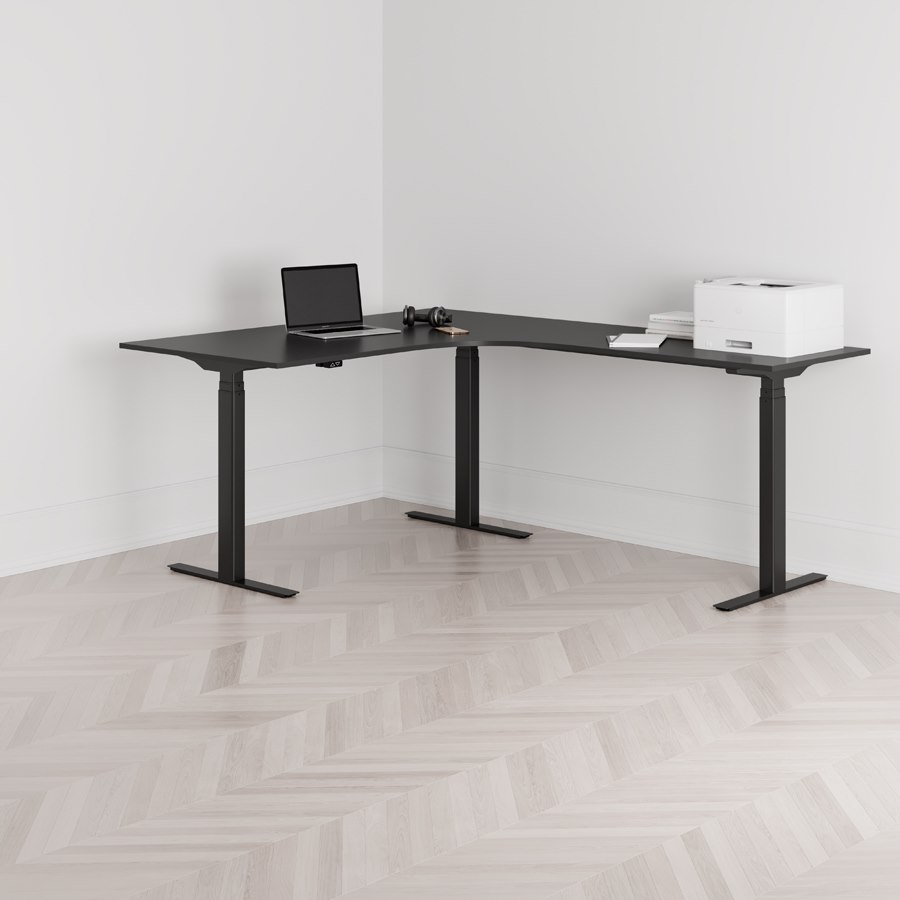 Höj och sänkbart hörnskrivbord högersvängt svart stativ svart bordsskiva 160x200cm