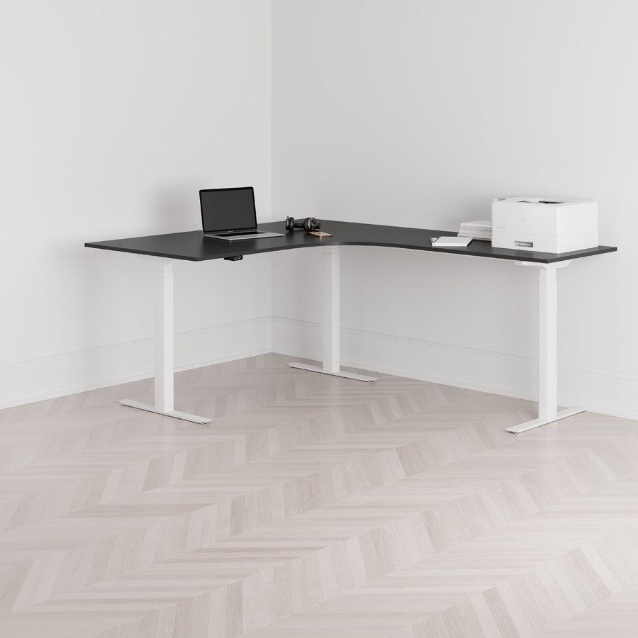Höj och sänkbart hörnskrivbord, högersvängt, vitt stativ, svart bordsskiva 160x200cm