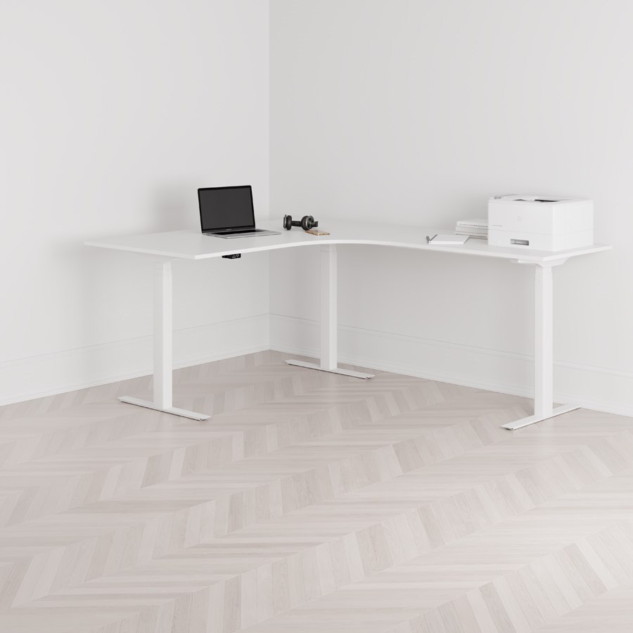 Höj och sänkbart hörnskrivbord, högersvängt, vitt stativ, vit bordsskiva 160x200cm