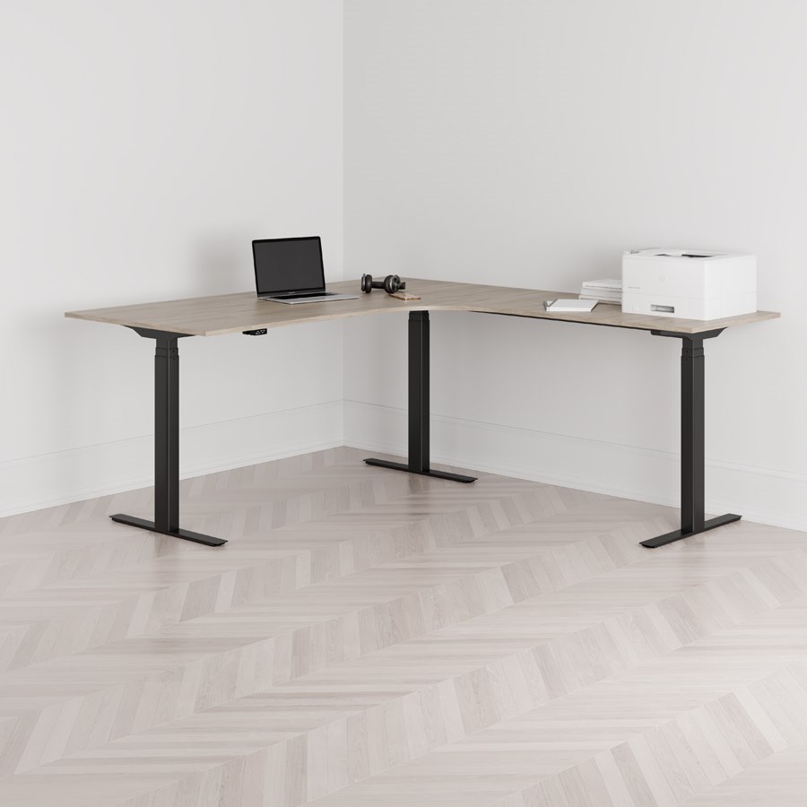 Höj och sänkbart hörnskrivbord högersvängt svart stativ ek bordsskiva 180x200cm