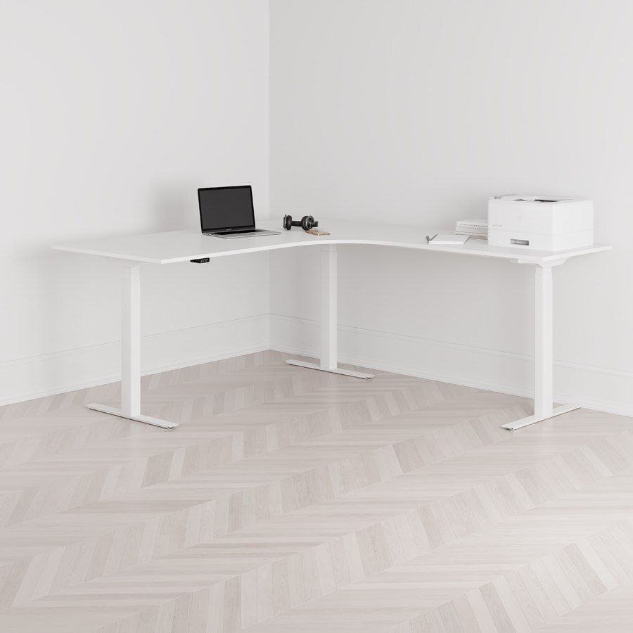 Höj och sänkbart hörnskrivbord, högersvängt, vitt stativ, vit bordsskiva 180x200cm