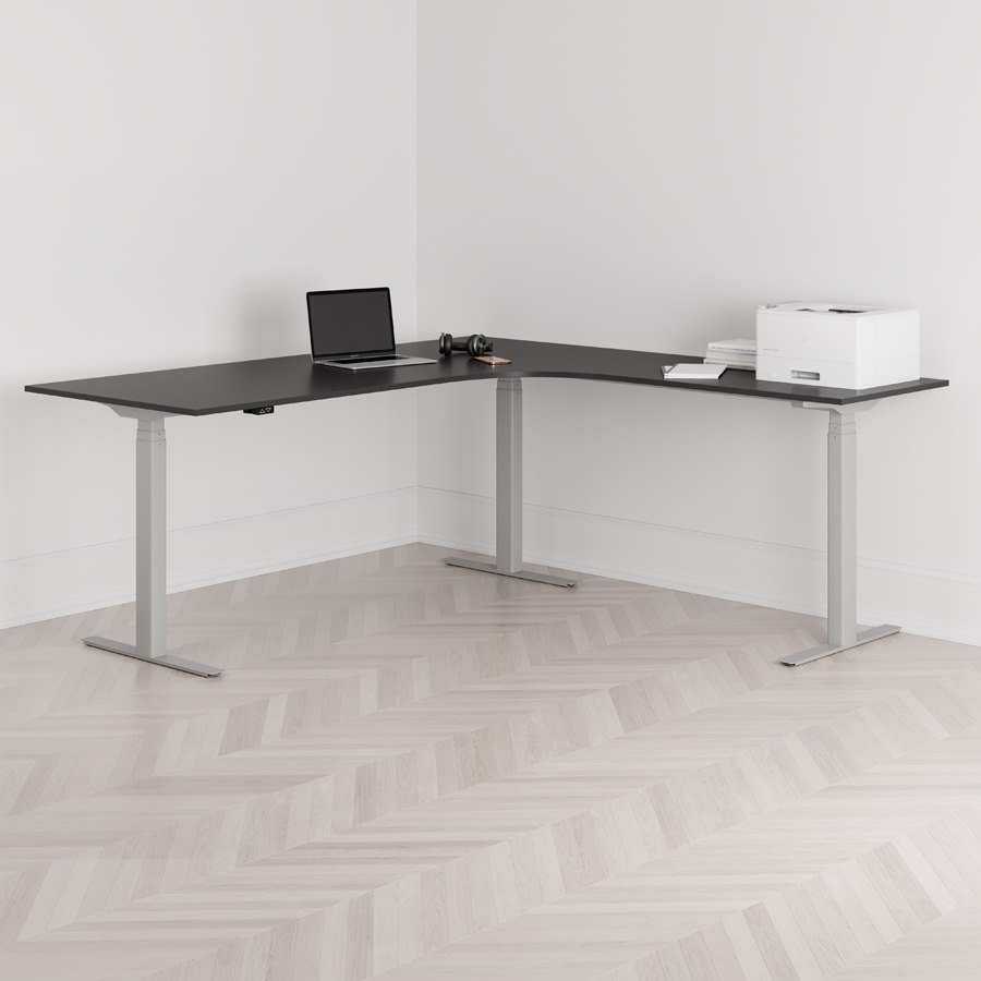 Höj och sänkbart hörnskrivbord högersvängt grått stativ svart bordsskiva 200x200cm