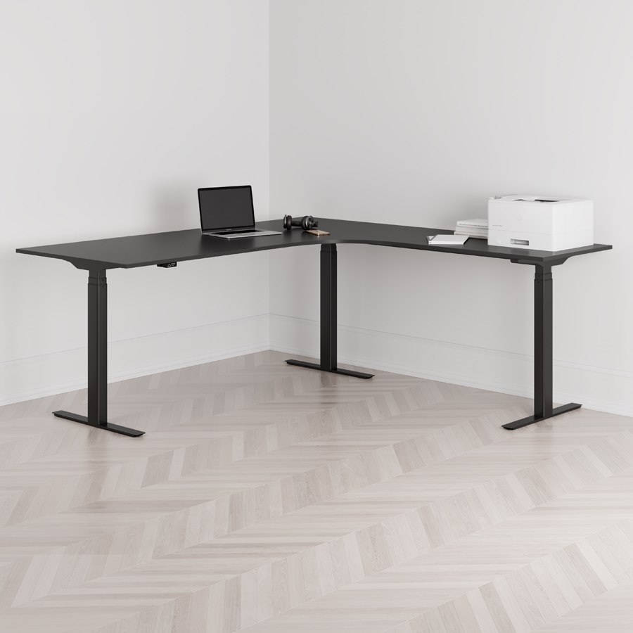 Höj och sänkbart hörnskrivbord högersvängt svart stativ svart bordsskiva 200x200cm