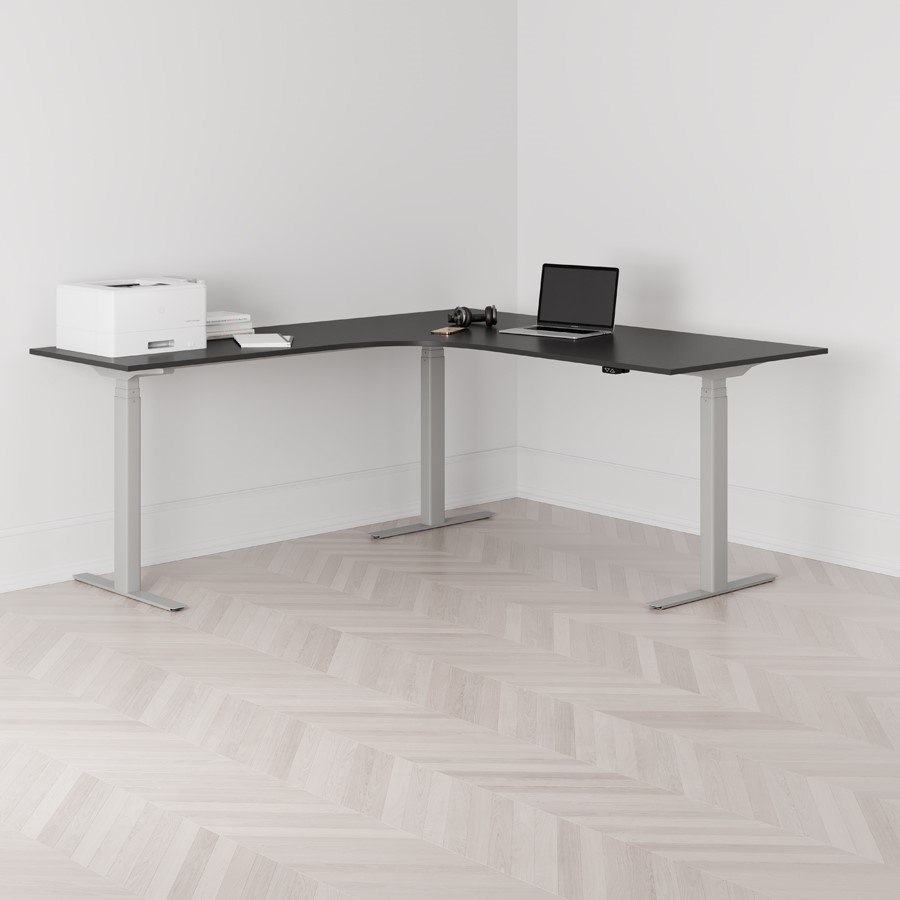 Höj och sänkbart hörnskrivbord vänstersvängt grått stativ svart bordsskiva 180x200cm