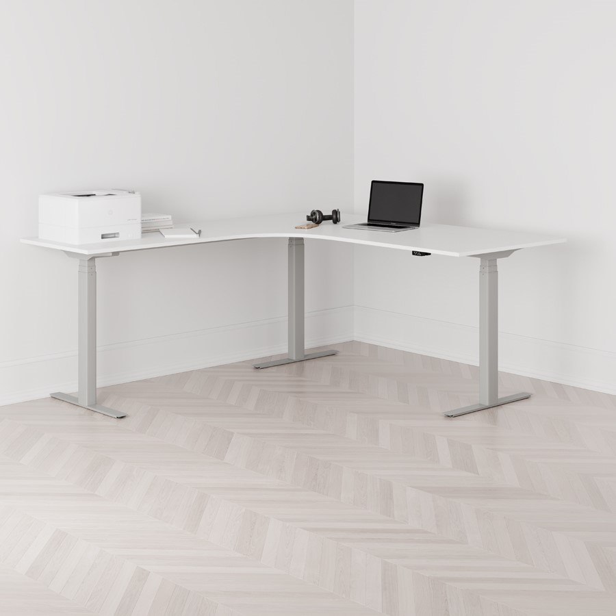 Höj och sänkbart hörnskrivbord vänstersvängt grått stativ vit bordsskiva 180x200cm