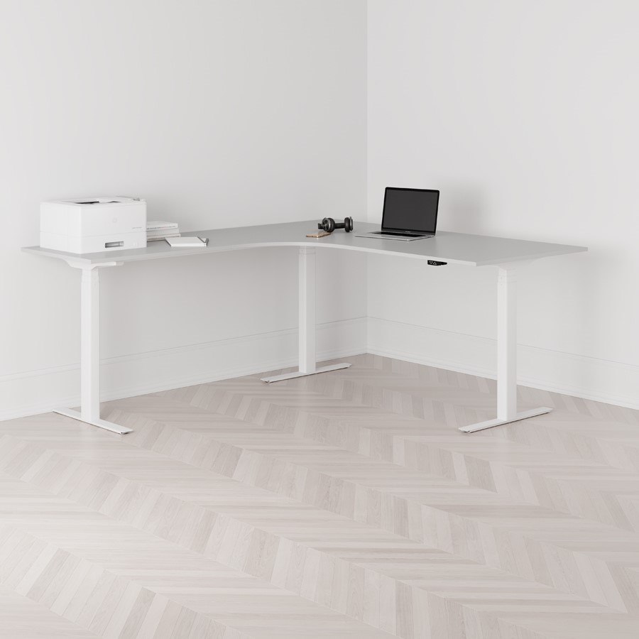 Höj och sänkbart hörnskrivbord vänstersvängt vitt stativ grå bordsskiva 180x200cm