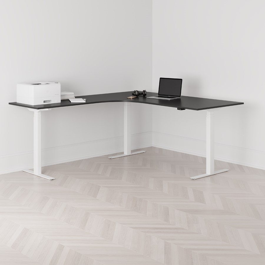 Höj och sänkbart hörnskrivbord vänstersvängt vitt stativ svart bordsskiva 180x200cm