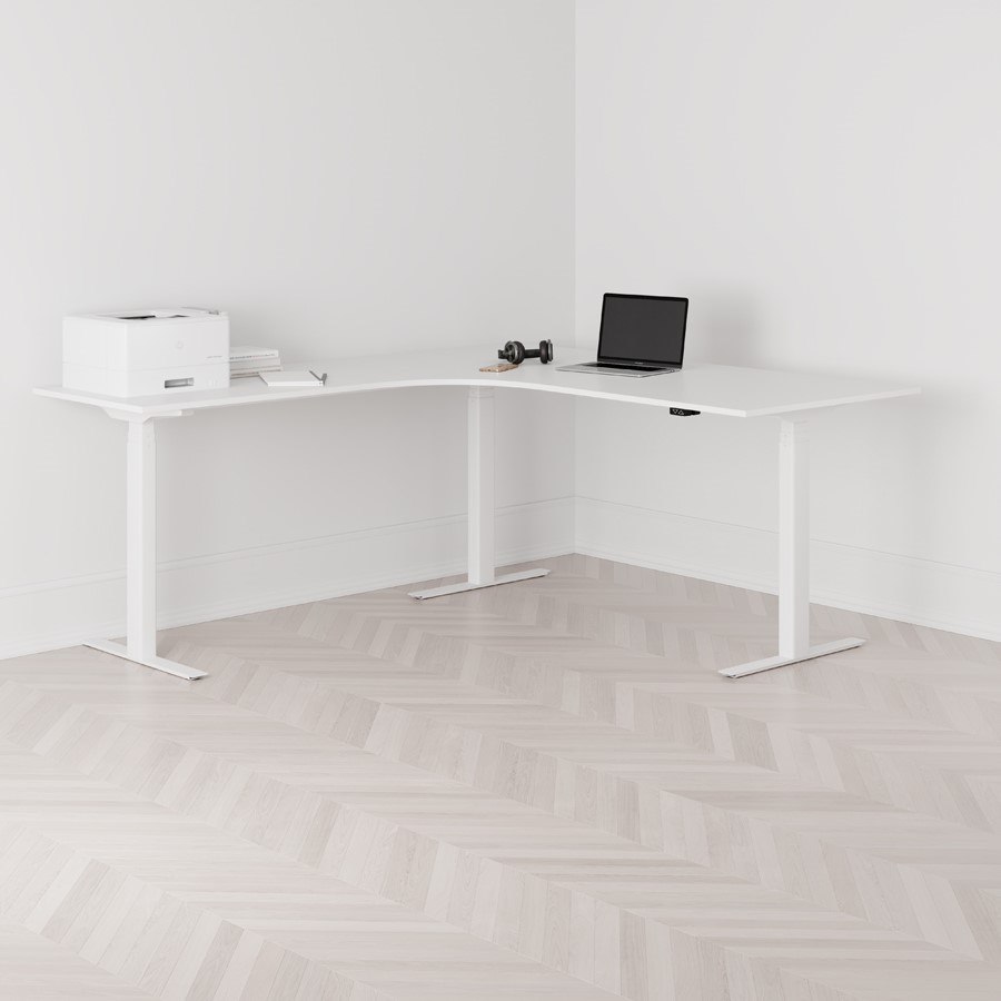 Höj och sänkbart hörnskrivbord vänstersvängt vitt stativ vit bordsskiva 180x200cm