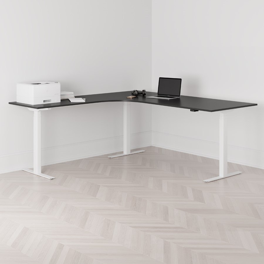 Höj och sänkbart hörnskrivbord, vänstersvängt, vitt stativ, svart bordsskiva 200x200cm
