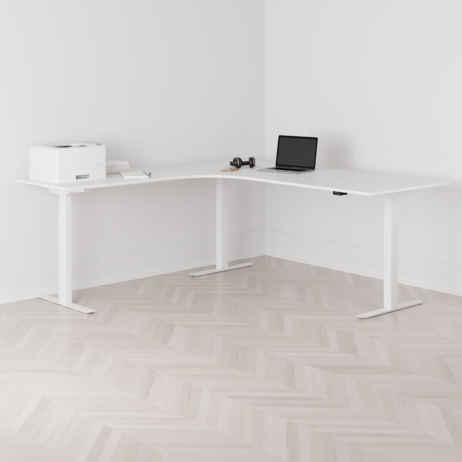 Höj och sänkbart hörnskrivbord, vänstersvängt, vitt stativ, vit bordsskiva 200x200cm