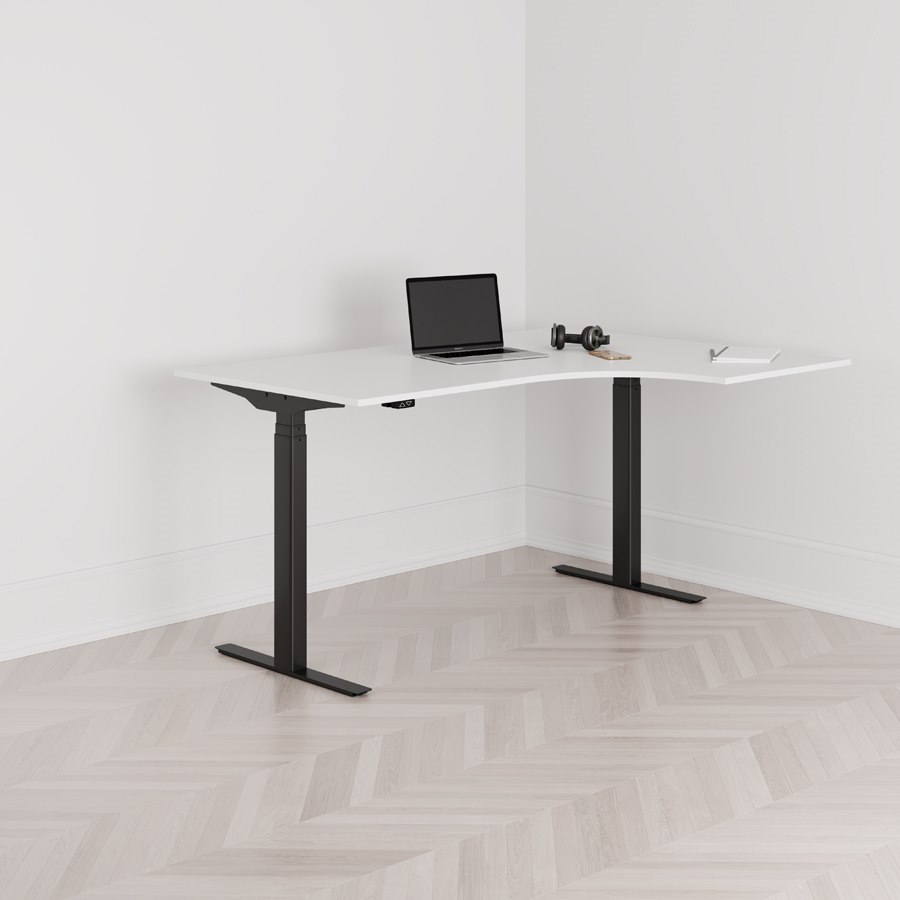 Höj och sänkbart svängt skrivbord 2-motorigt högersvängt svart stativ vit bordsskiva 160x120cm