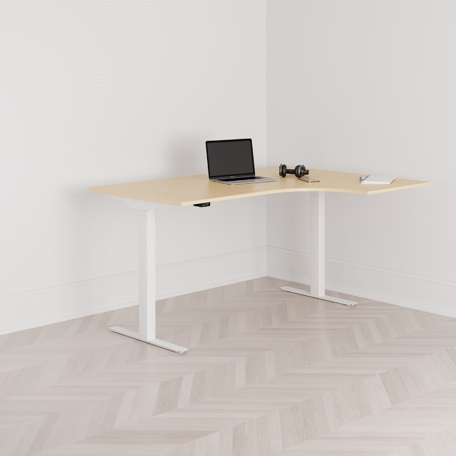 Höj och sänkbart svängt skrivbord 2-motorigt högersvängt vitt stativ björk bordsskiva 160x120cm