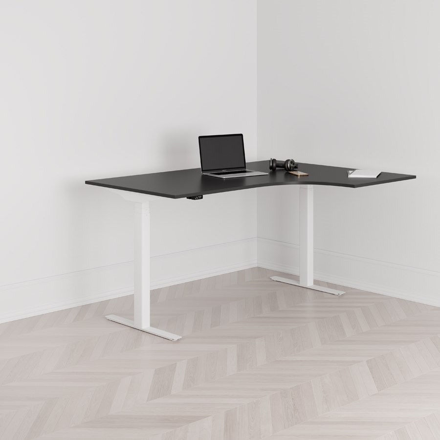 Höj och sänkbart svängt skrivbord 2-motorigt högersvängt vitt stativ svart bordsskiva 160x120cm
