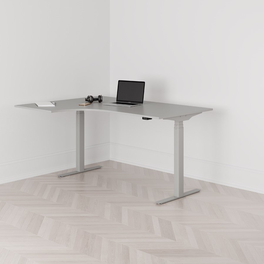 Höj och sänkbart svängt skrivbord 2-motorigt vänstersvängt grått stativ grå bordsskiva 160x120cm
