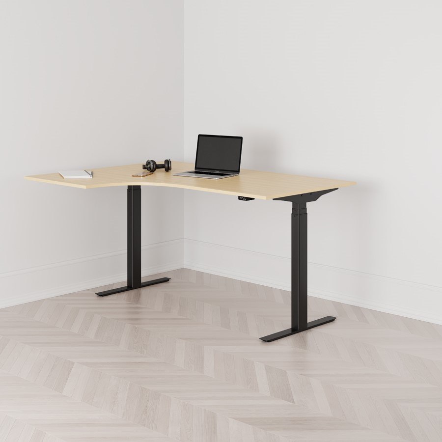 Höj och sänkbart svängt skrivbord 2-motorigt vänstersvängt svart stativ björk bordsskiva 160x120cm