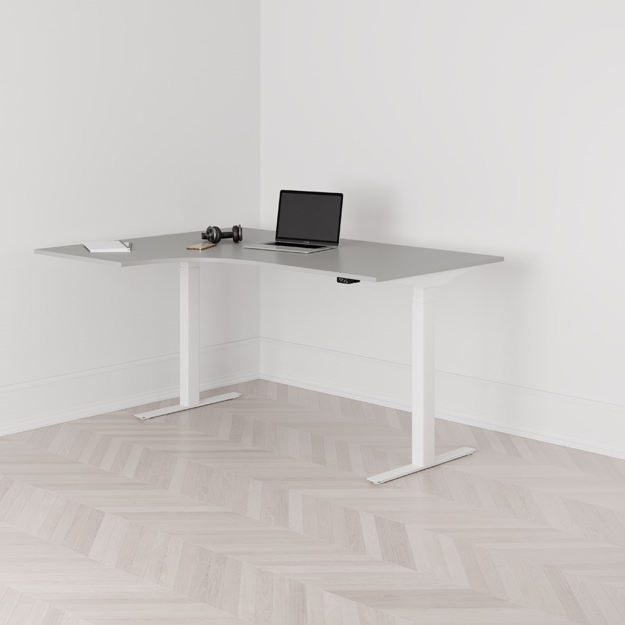 Höj och sänkbart svängt skrivbord 2-motorigt vänstersvängt vitt stativ grå bordsskiva 160x120cm