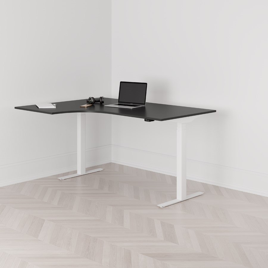 Höj och sänkbart svängt skrivbord 2-motorigt vänstersvängt vitt stativ svart bordsskiva 160x120cm