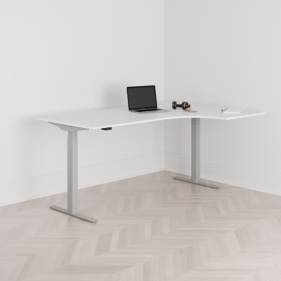 Höj och sänkbart svängt skrivbord 2-motorigt högersvängt grått stativ vit bordsskiva 180x120cm