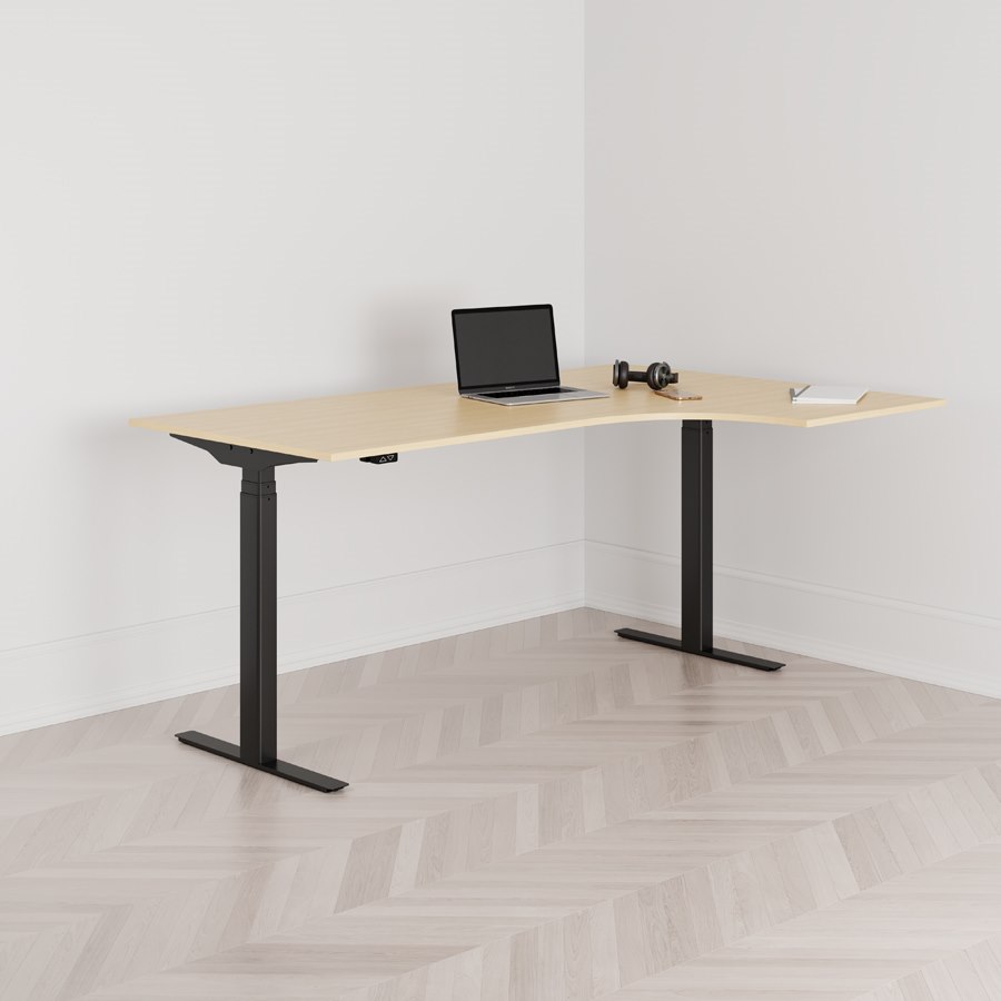 Höj och sänkbart svängt skrivbord 2-motorigt högersvängt svart stativ björk bordsskiva 180x120cm