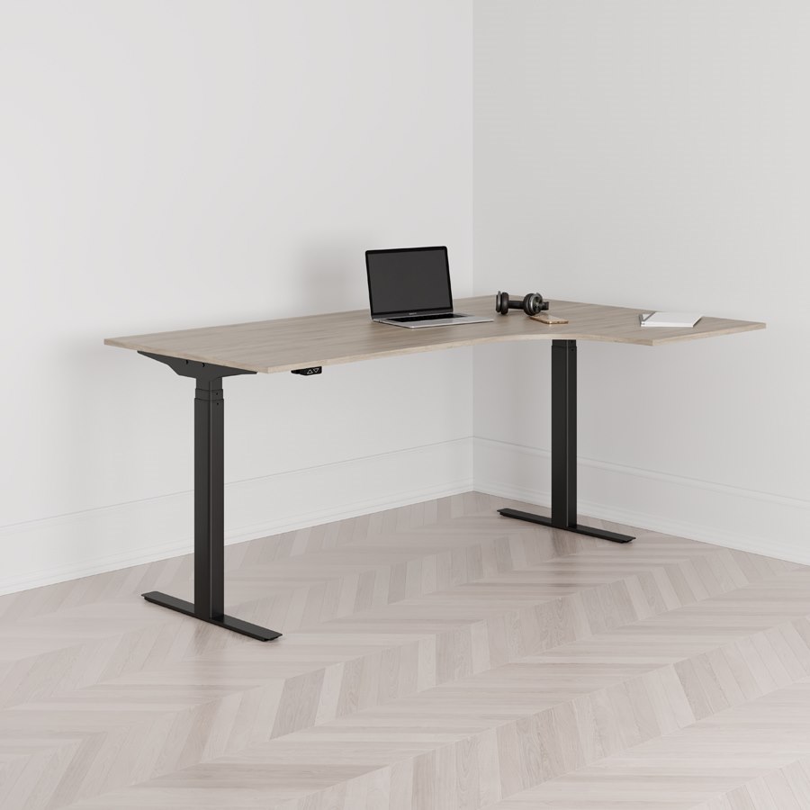 Höj och sänkbart svängt skrivbord 2-motorigt högersvängt svart stativ ek bordsskiva 180x120cm