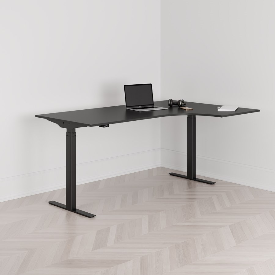 Höj och sänkbart svängt skrivbord 2-motorigt högersvängt svart stativ svart bordsskiva 180x120cm