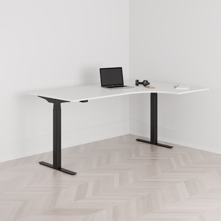 Höj och sänkbart svängt skrivbord 2-motorigt högersvängt svart stativ vit bordsskiva 180x120cm