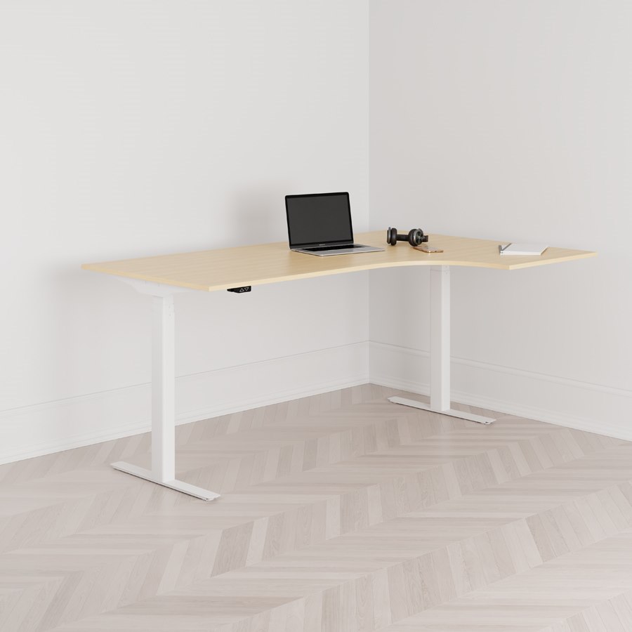 Höj och sänkbart svängt skrivbord 2-motorigt högersvängt vitt stativ björk bordsskiva 180x120cm