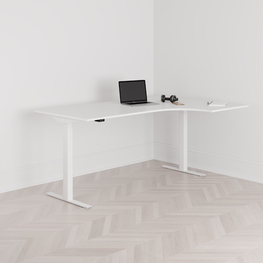 Höj och sänkbart svängt skrivbord 2-motorigt högersvängt vitt stativ vit bordsskiva 180x120cm