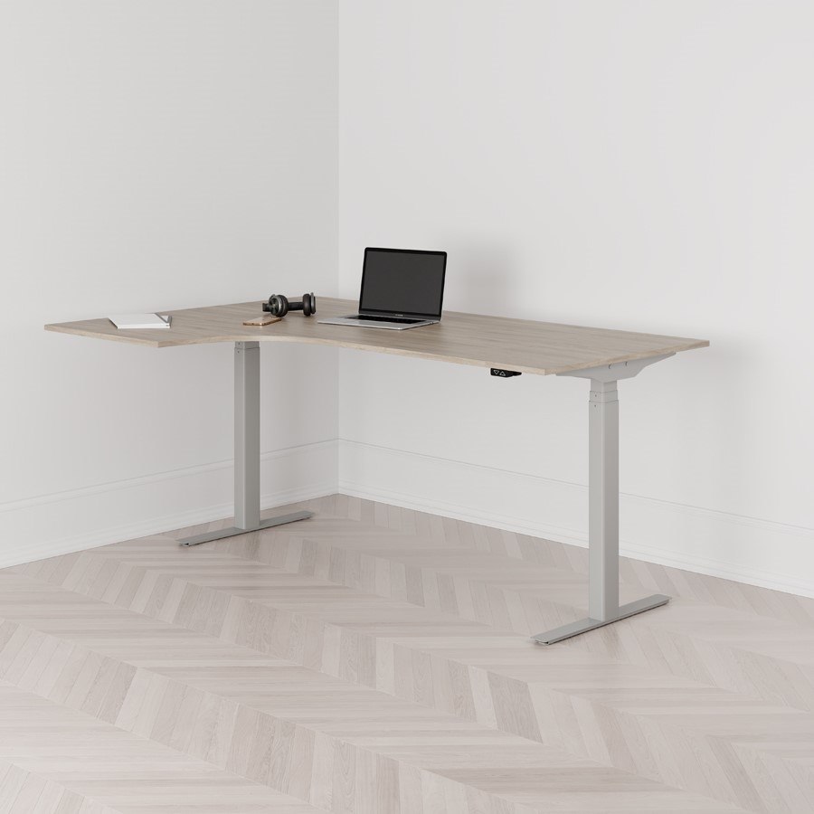 Höj och sänkbart svängt skrivbord 2-motorigt vänstersvängt grått stativ ek bordsskiva 180x120cm