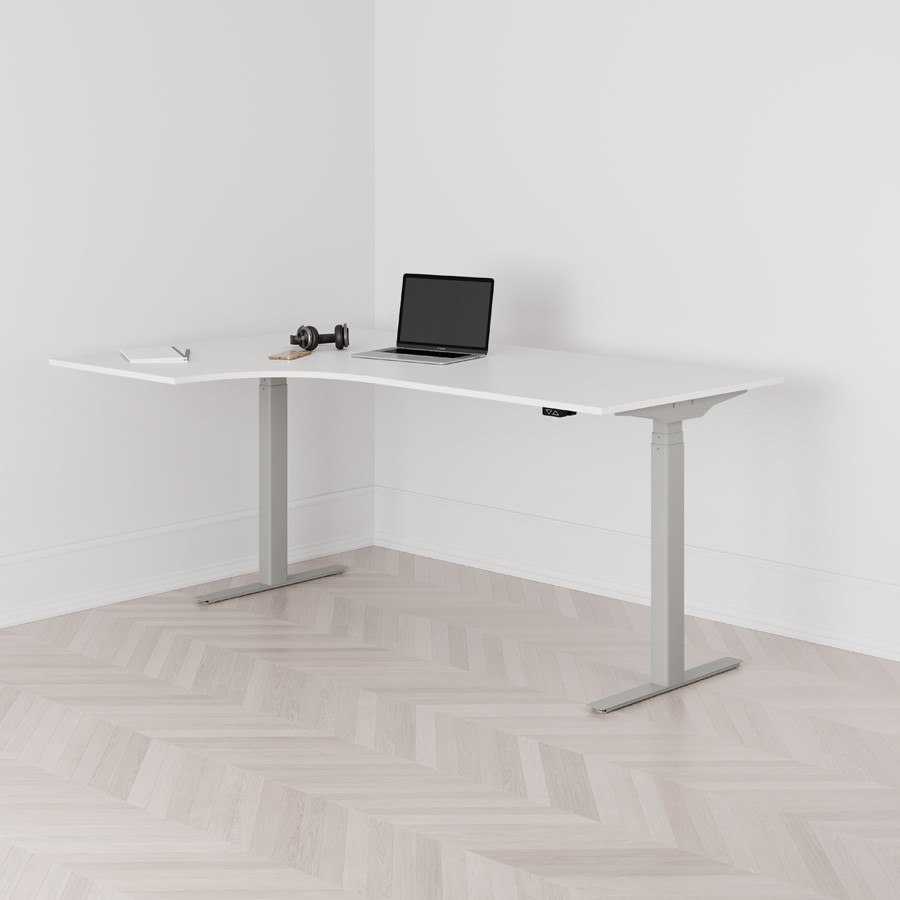 Höj och sänkbart svängt skrivbord 2-motorigt vänstersvängt grått stativ vit bordsskiva 180x120cm