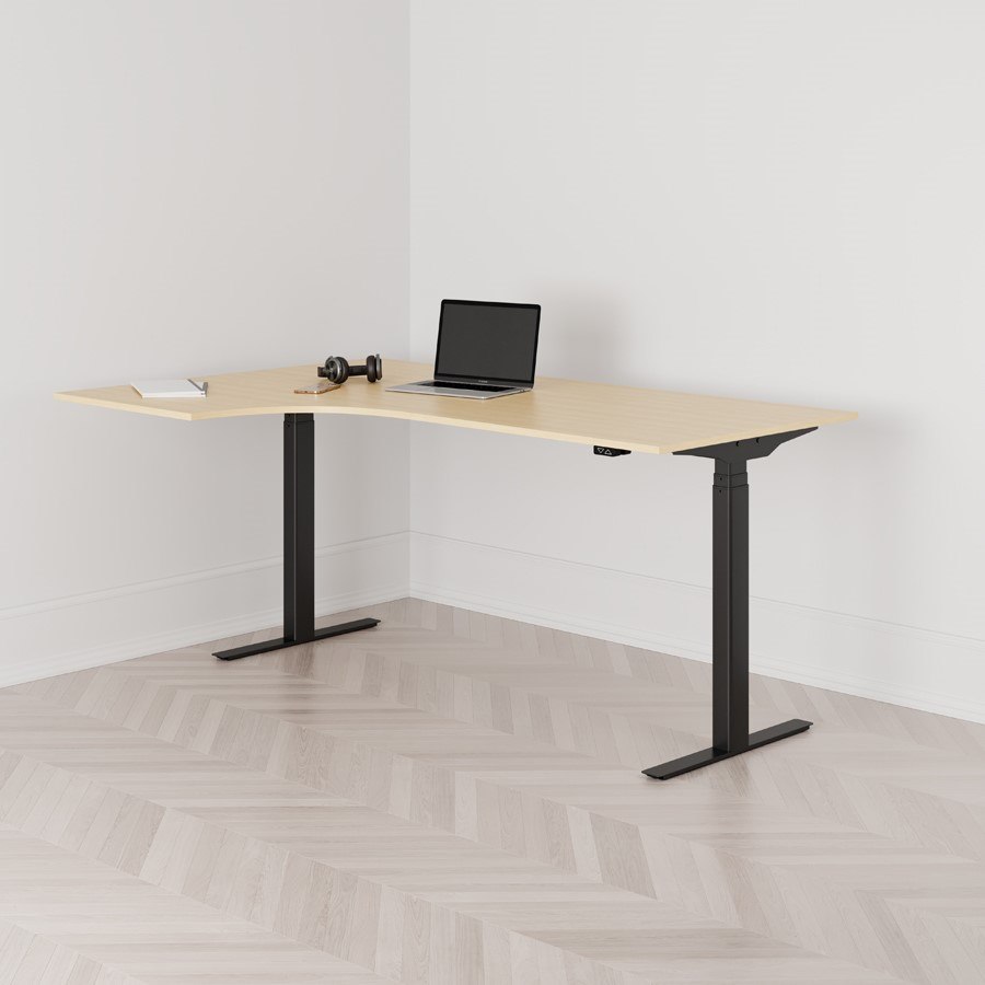 Höj och sänkbart svängt skrivbord 2-motorigt vänstersvängt svart stativ björk bordsskiva 180x120cm