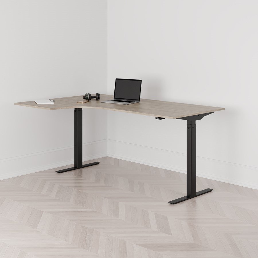 Höj och sänkbart svängt skrivbord 2-motorigt vänstersvängt svart stativ ek bordsskiva 180x120cm