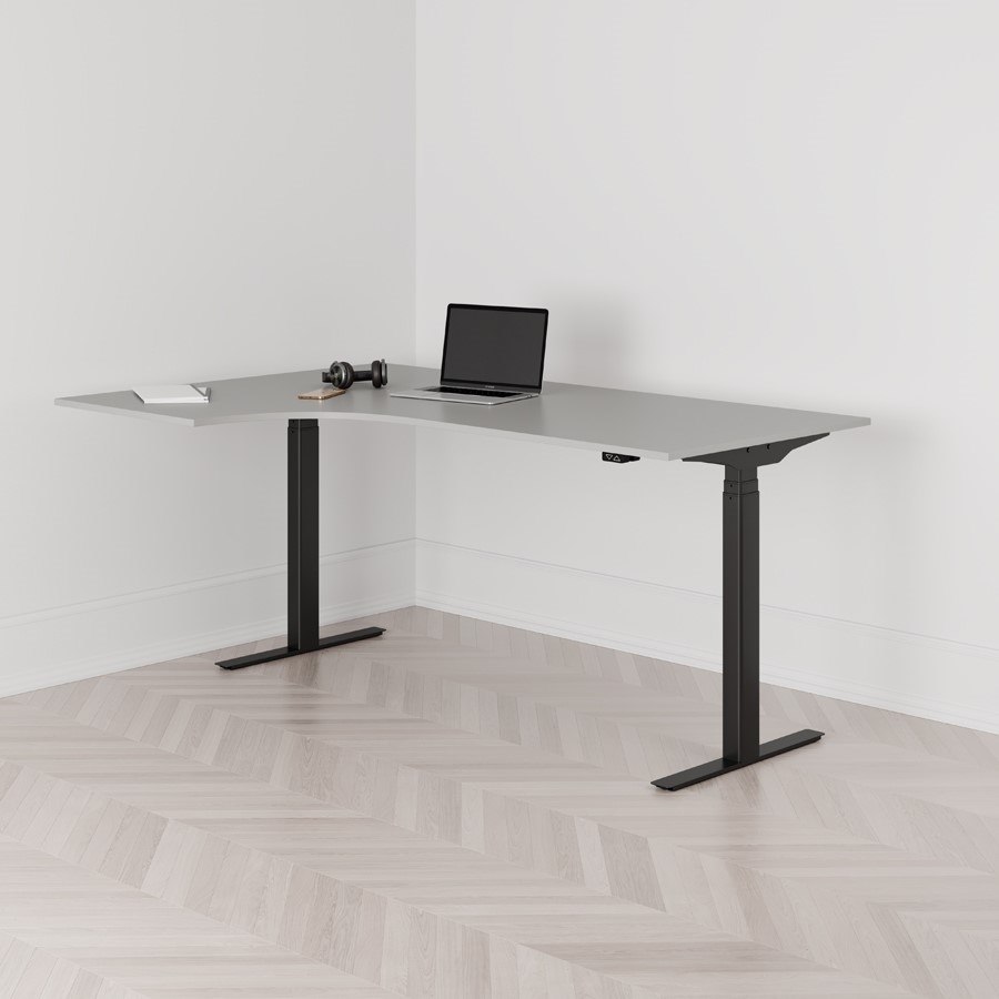 Höj och sänkbart svängt skrivbord 2-motorigt vänstersvängt svart stativ grå bordsskiva 180x120cm