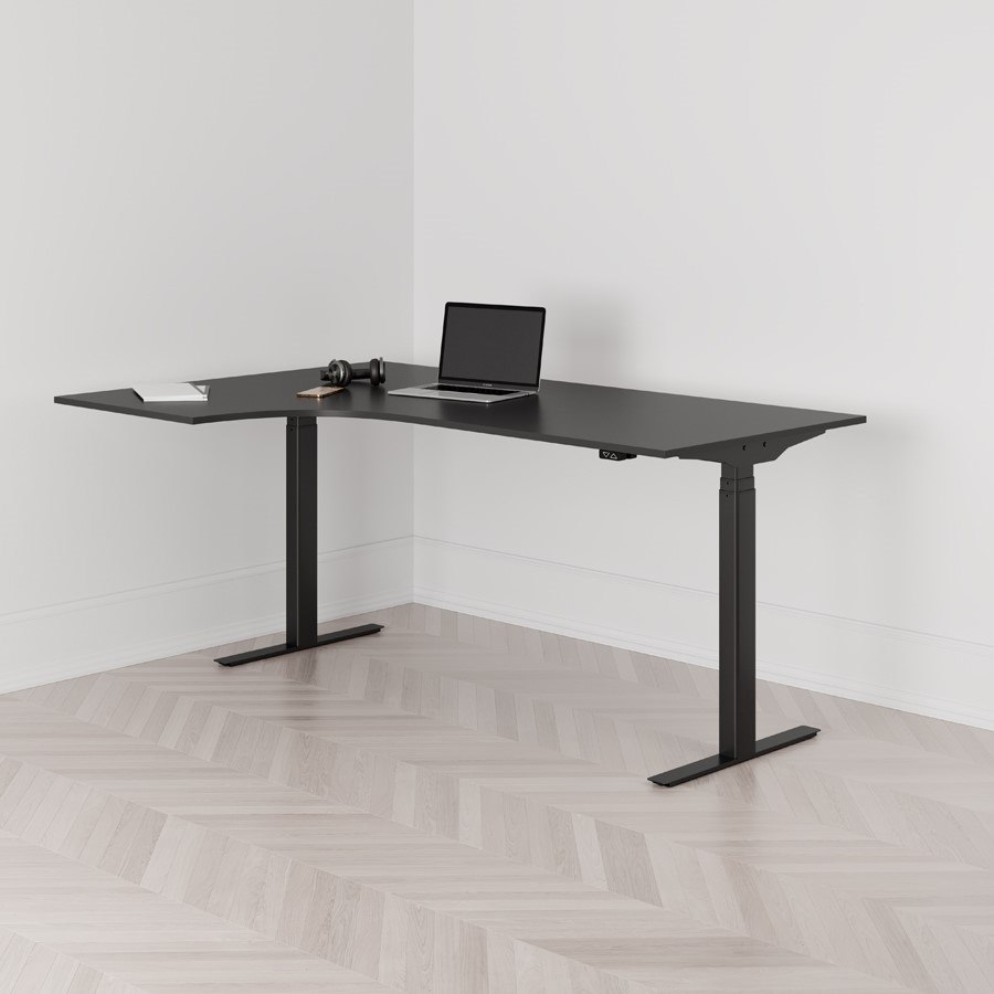 Höj och sänkbart svängt skrivbord 2-motorigt vänstersvängt svart stativ svart bordsskiva 180x120cm