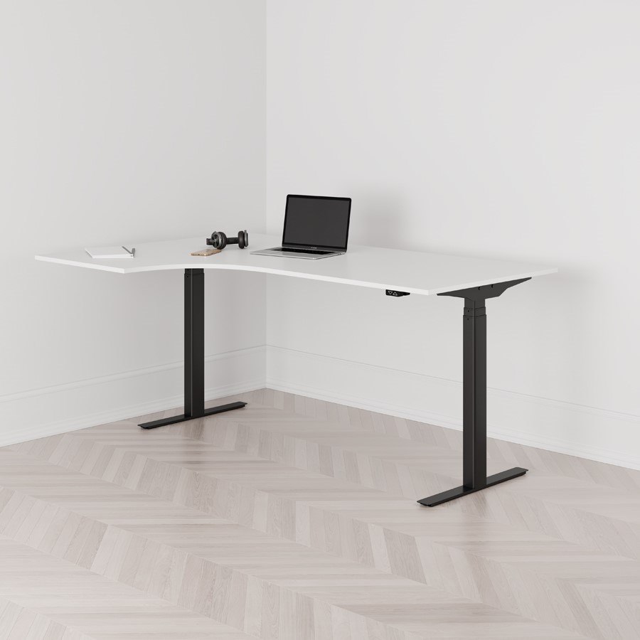 Höj och sänkbart svängt skrivbord 2-motorigt vänstersvängt svart stativ vit bordsskiva 180x120cm