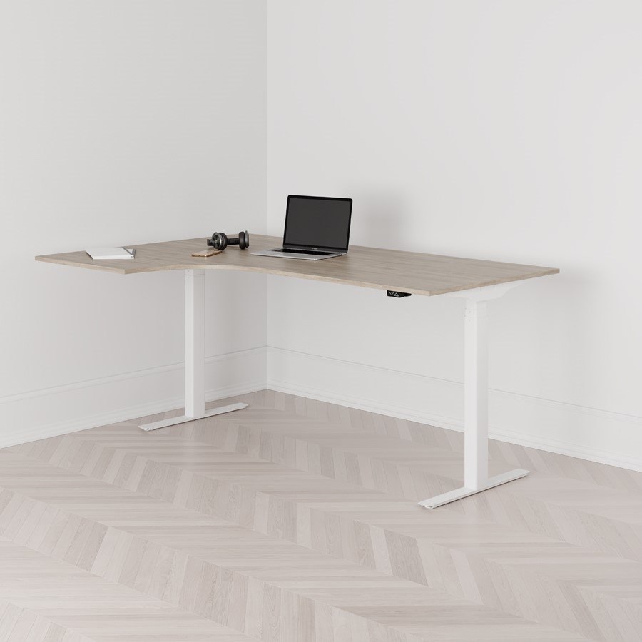 Höj och sänkbart svängt skrivbord 2-motorigt vänstersvängt vitt stativ ek bordsskiva 180x120cm