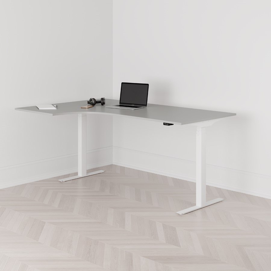 Höj och sänkbart svängt skrivbord 2-motorigt vänstersvängt vitt stativ grå bordsskiva 180x120cm
