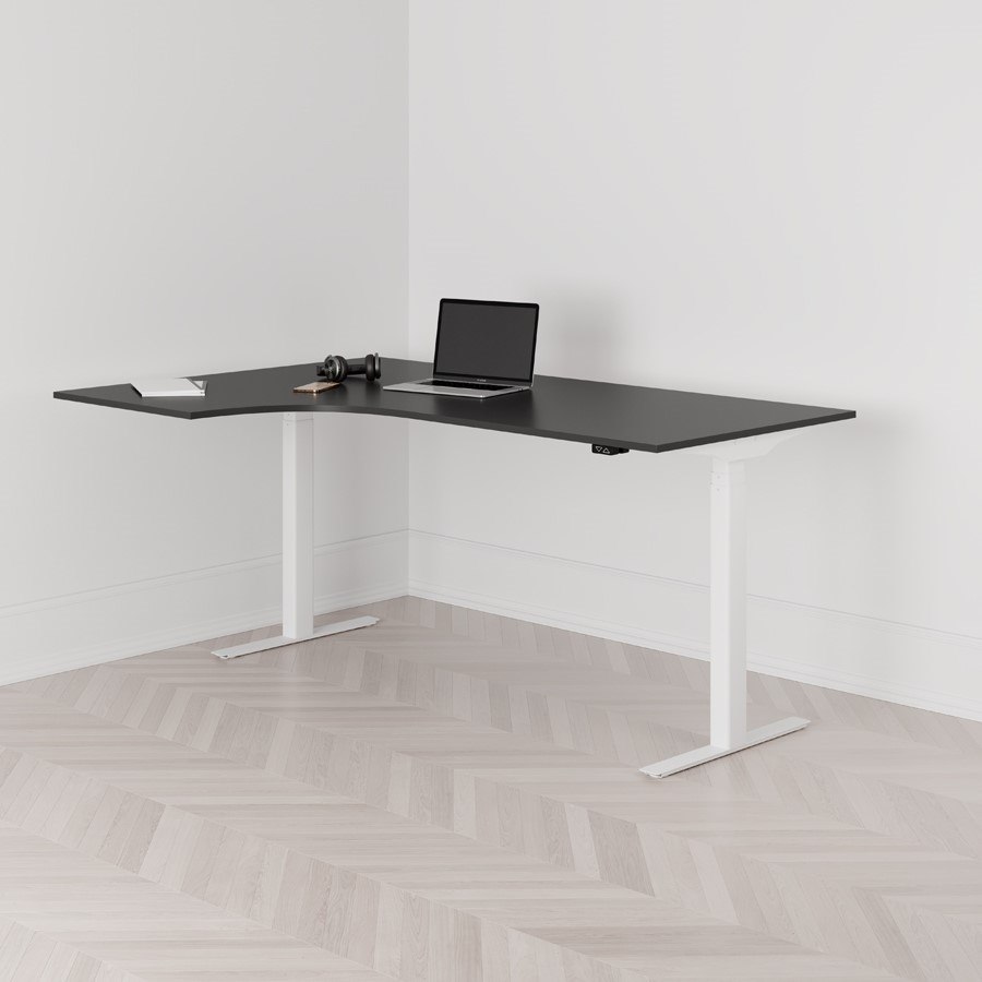 Höj och sänkbart svängt skrivbord 2-motorigt vänstersvängt vitt stativ svart bordsskiva 180x120cm