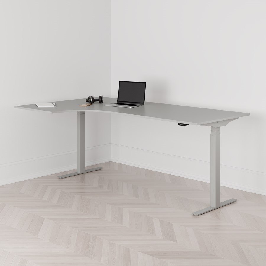 Höj och sänkbart svängt skrivbord, 2-motorigt, vänstersvängt, grått stativ, grå bordsskiva 200x120cm