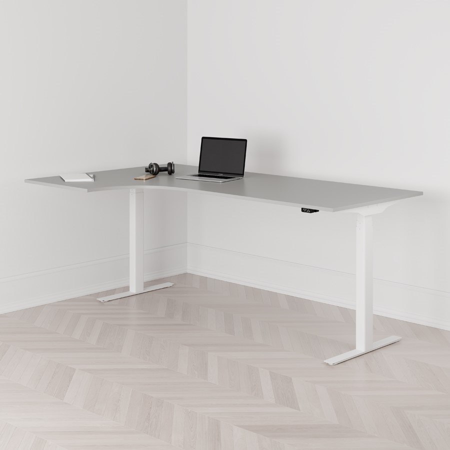 Höj och sänkbart svängt skrivbord 2-motorigt vänstersvängt vitt stativ grå bordsskiva 200x120cm
