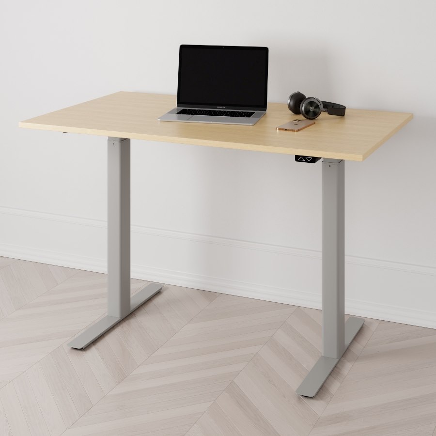 Höj och sänkbart skrivbord PREMIUM, 2-motorigt, grått stativ, björk bordsskiva 140x80cm
