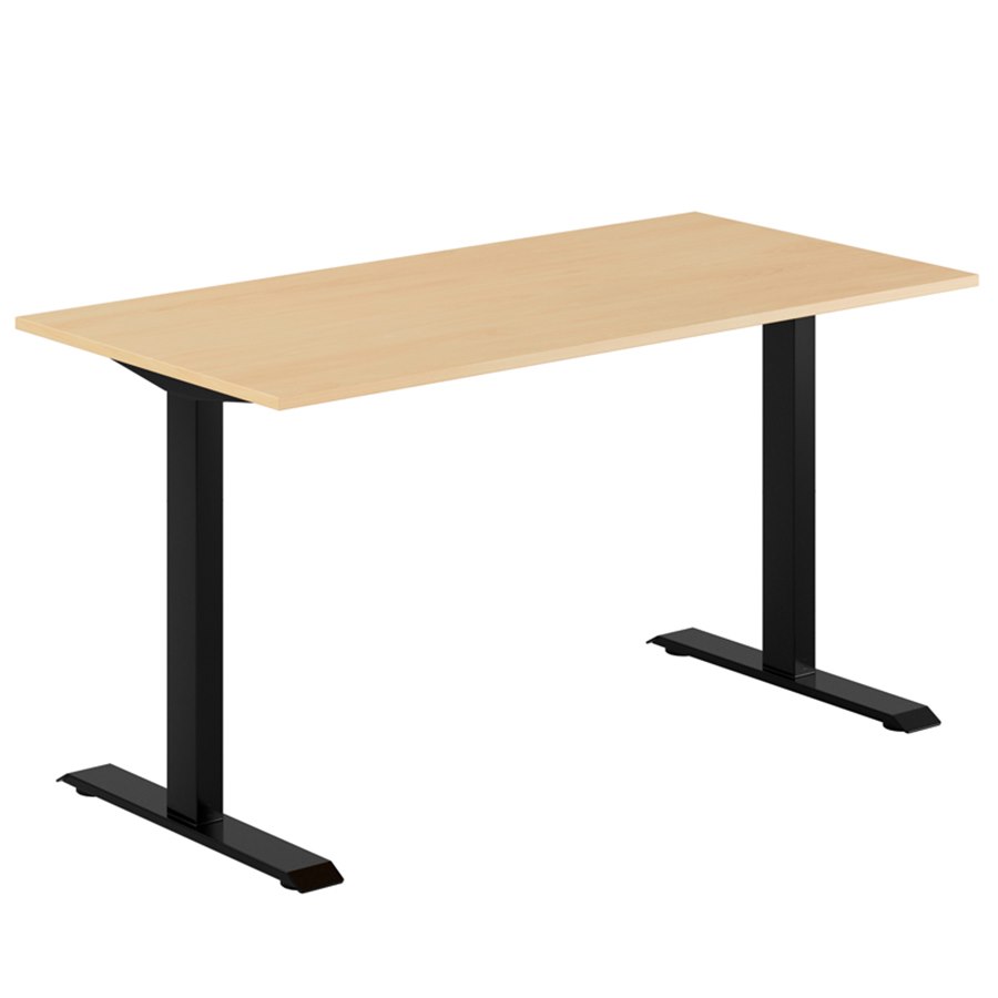 Fast skrivbord, svart stativ, bok bordsskiva 180x70cm