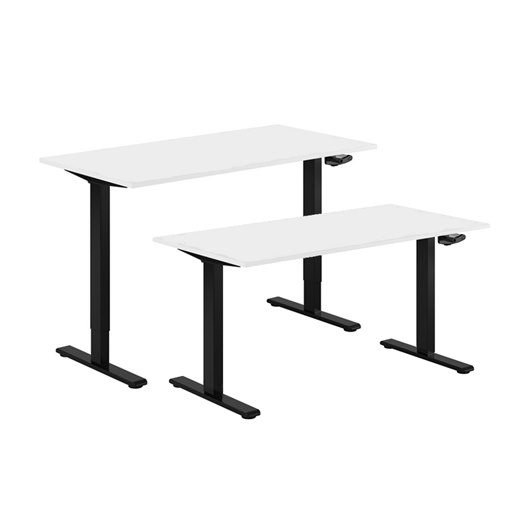 Hev og senkbart skrivebord, sveiv, svart stativ, hvit bordplate, 10 størrelser
