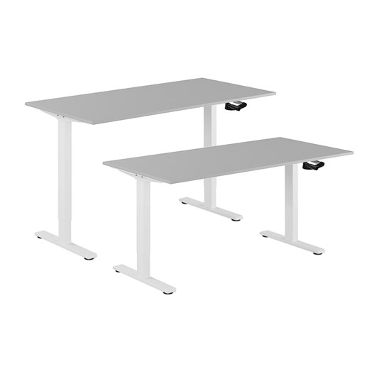 Hev og senkbart skrivebord, sveiv, hvit stativ, grå bordplate, 8 størrelser